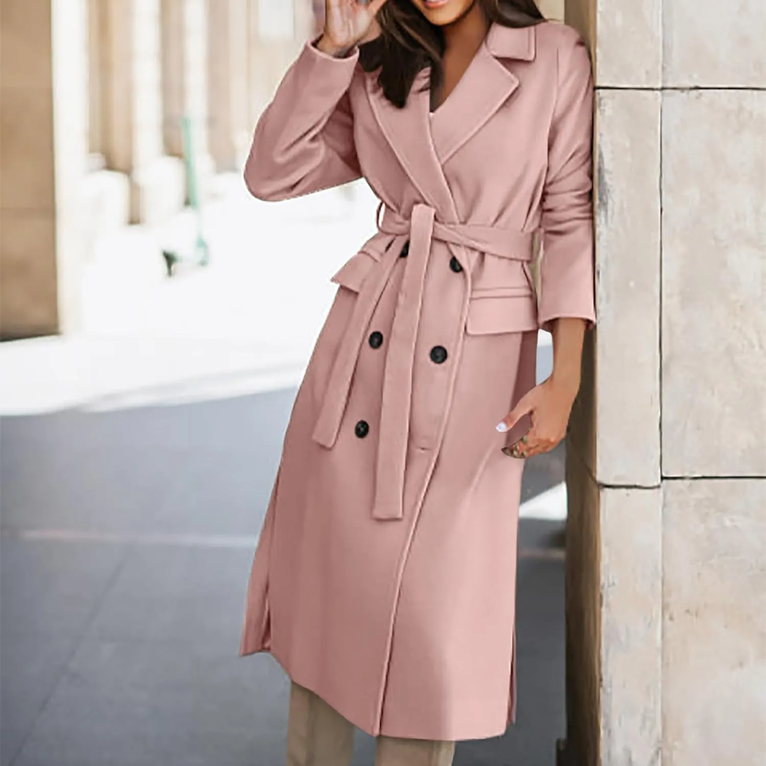 Womens Wool Coats Winter Casual Notched Lapel Collar Trench Coat Mid-Long Length Elegant Pea Coat Overcoat Jacket