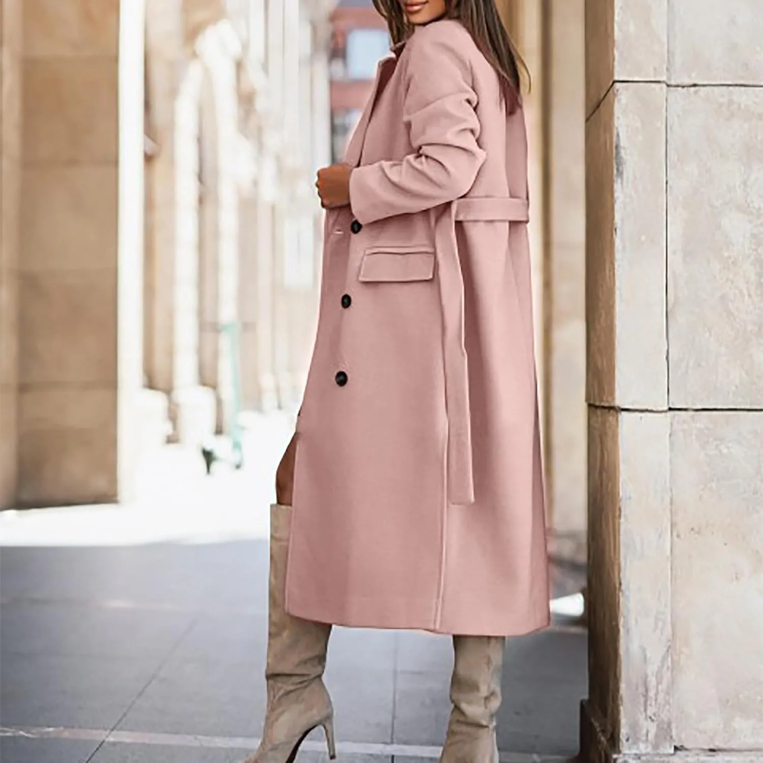 Womens Wool Coats Winter Casual Notched Lapel Collar Trench Coat Mid-Long Length Elegant Pea Coat Overcoat Jacket