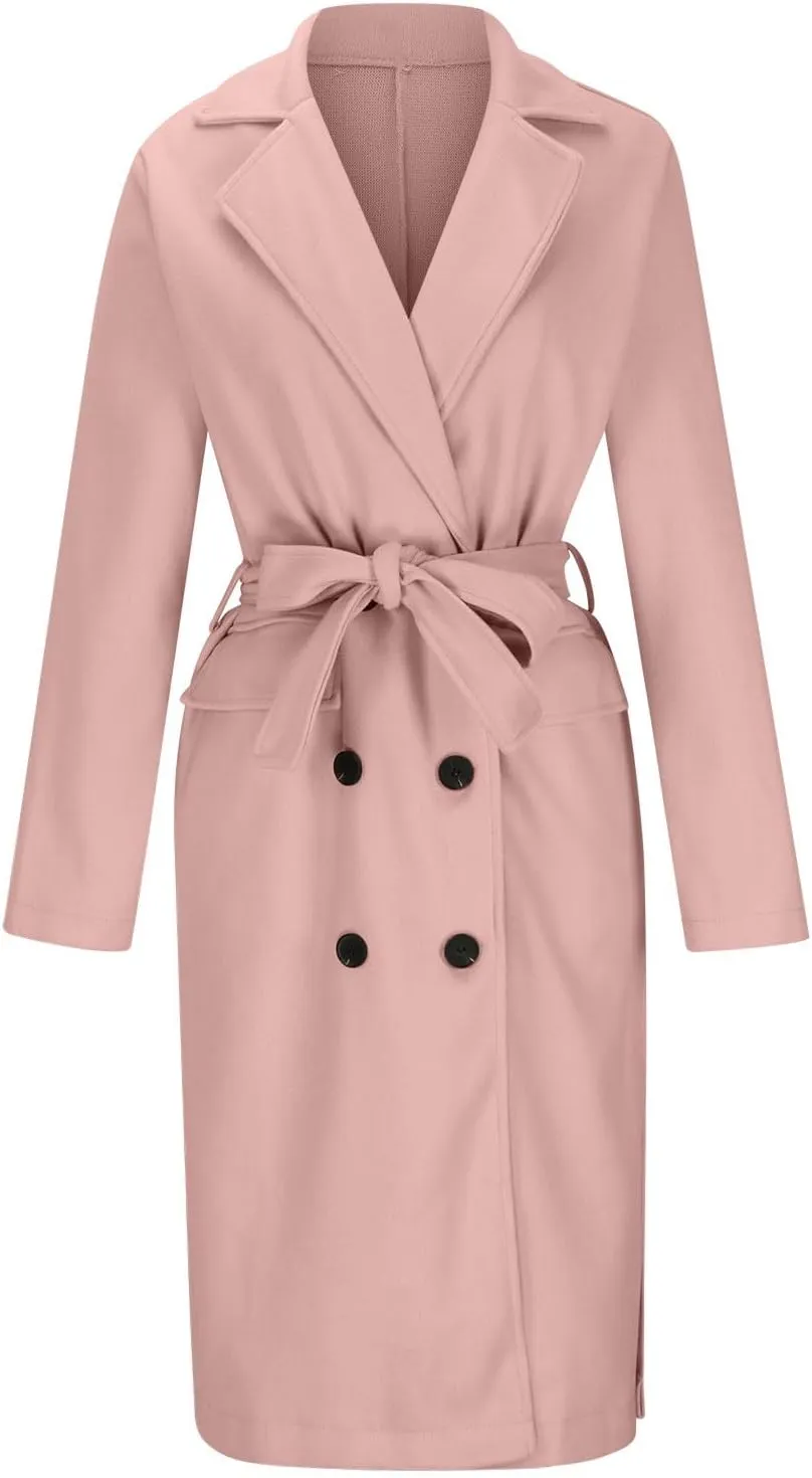 Womens Wool Coats Winter Casual Notched Lapel Collar Trench Coat Mid-Long Length Elegant Pea Coat Overcoat Jacket