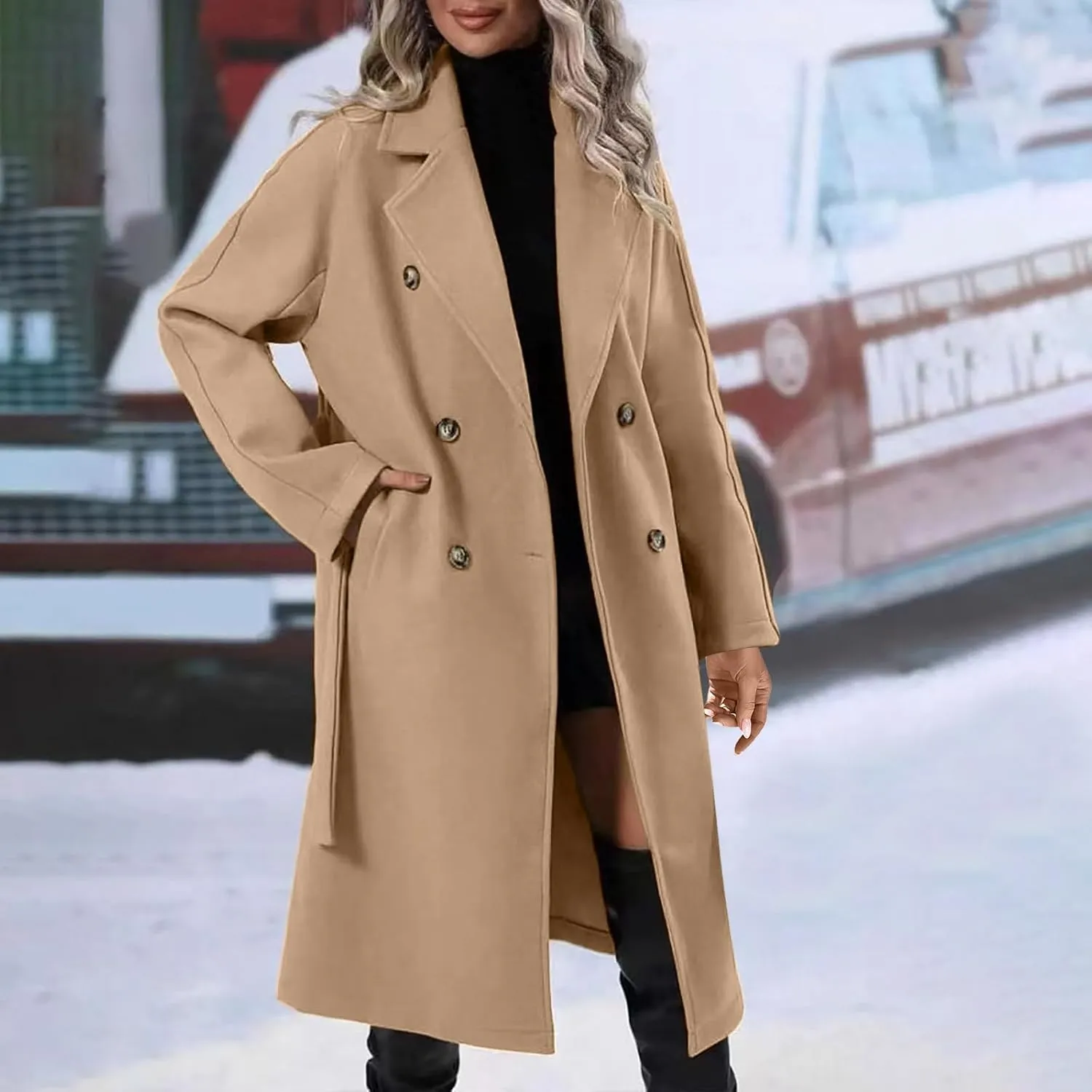 Womens Wool Trench Coat Notched Collar Double-Breast Oversized Pea Coats Thicken Warm Winter Overcoats Jackets