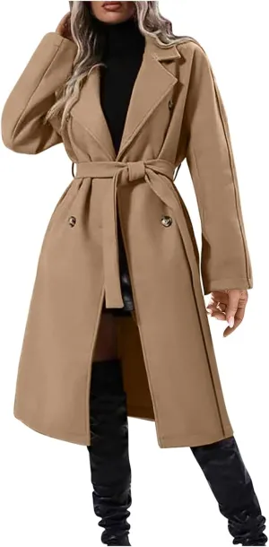 Womens Wool Trench Coat Notched Collar Double-Breast Oversized Pea Coats Thicken Warm Winter Overcoats Jackets