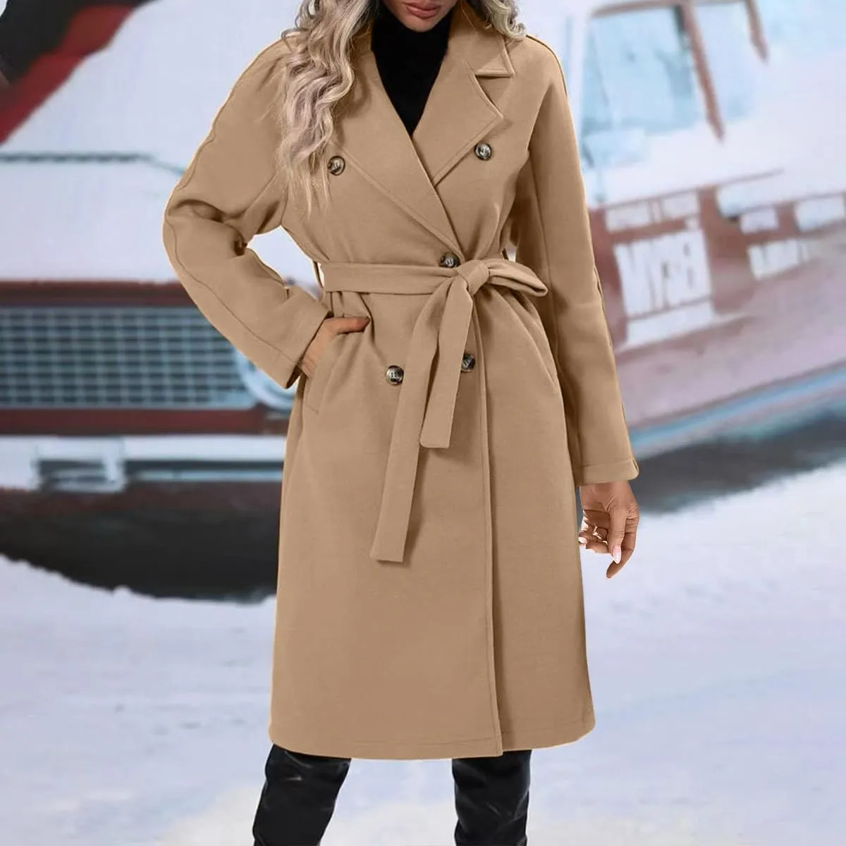 Womens Wool Trench Coat Notched Collar Double-Breast Oversized Pea Coats Thicken Warm Winter Overcoats Jackets