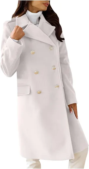 Wool Blend Trench Coat for Women Mid Long Length Office Overcoat Elegant Lapel Collar Belted Pea Coats With Pockets