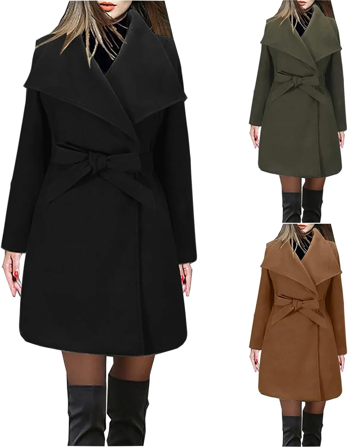 Wool Coats for Women Casual Long Winter Pea Coats Open Front Belted Elegant Trench Coat Dress Coats Outwear