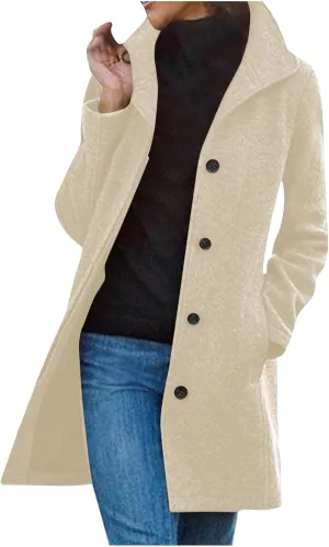 Wool Coats for Women Winter Thicken Wool Blend Pea Coat Stand Collar Single Breasted Casual Trench Coat Overcoat