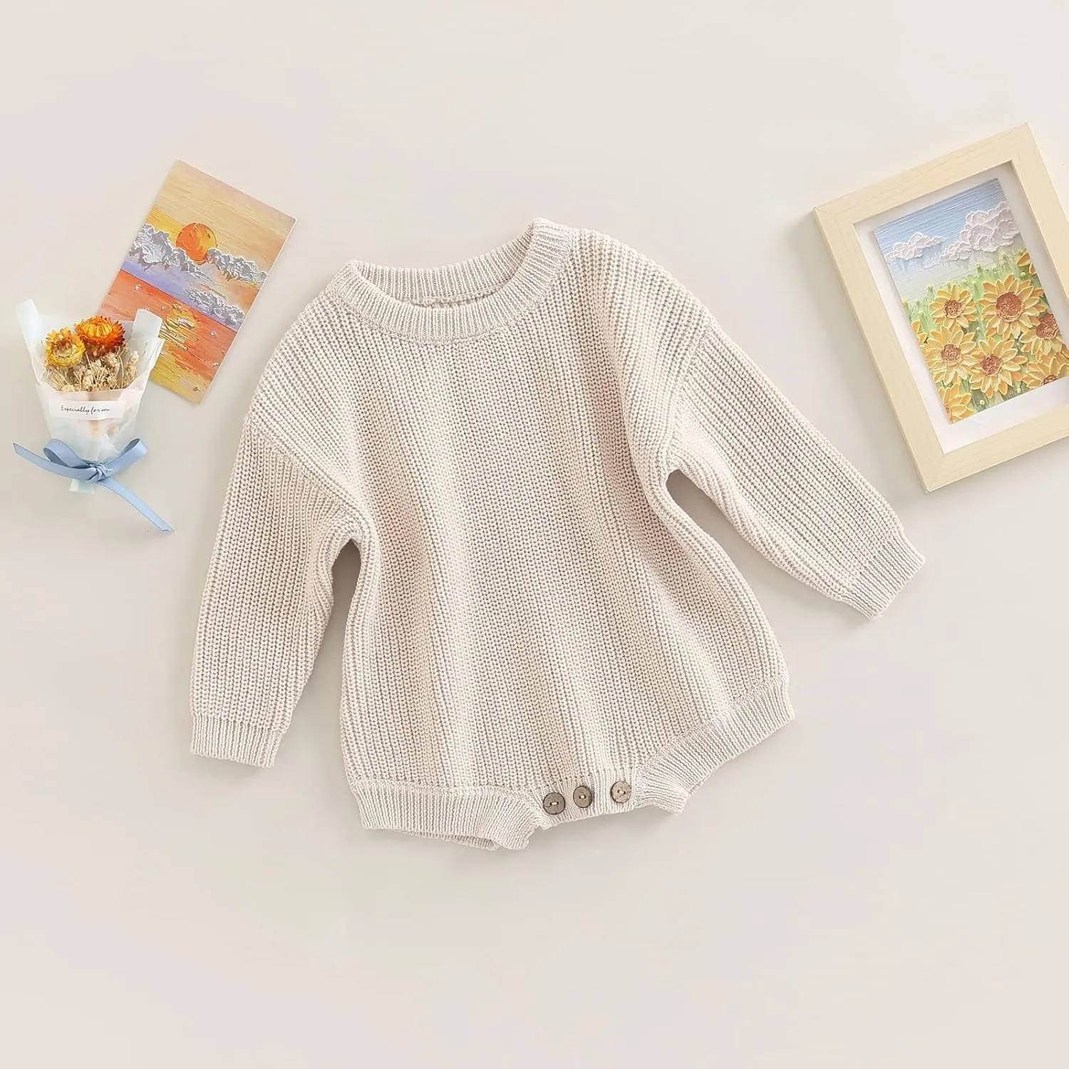 woshilaocai Baby Boy Girl Sweater Oversized Long Sleeve Romper Warm Crewneck Bodysuit Knitted Winter Clothes