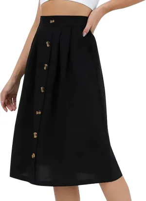 YOLAI Women A-Line Pleated Skirt Loose Button Down Business Work Skirt Flowy Swing High Waist Midi Skirt