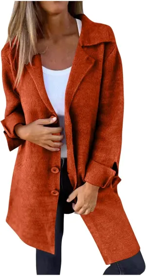 YRAETENM Trench Coat Women Single Breasted Notch Lapel Wool Coats Casual Mid Long Solid Color Jackets Fall Winter Outwear