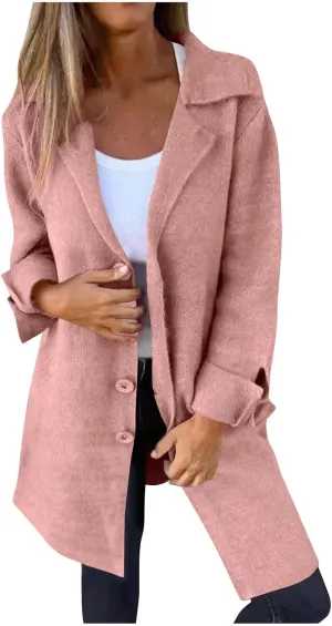 YRAETENM Trench Coat Women Single Breasted Notch Lapel Wool Coats Casual Mid Long Solid Color Jackets Fall Winter Outwear