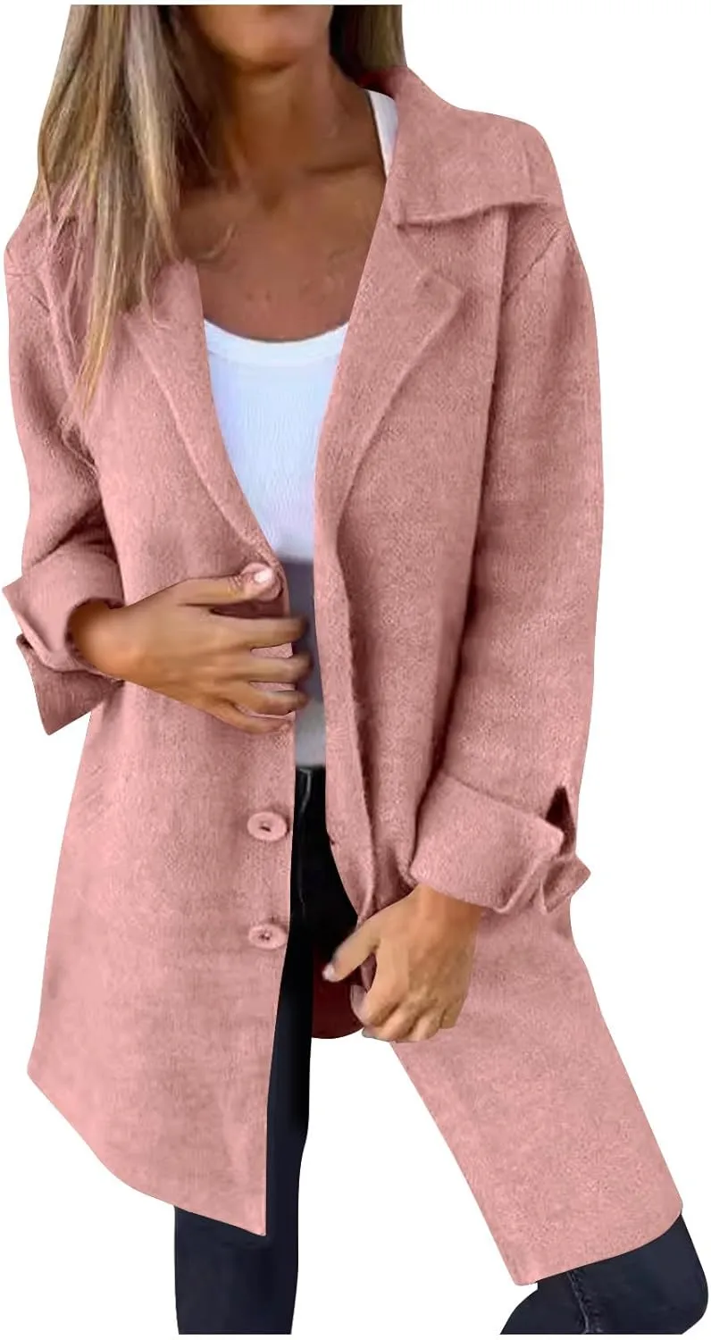 YRAETENM Trench Coat Women Single Breasted Notch Lapel Wool Coats Casual Mid Long Solid Color Jackets Fall Winter Outwear