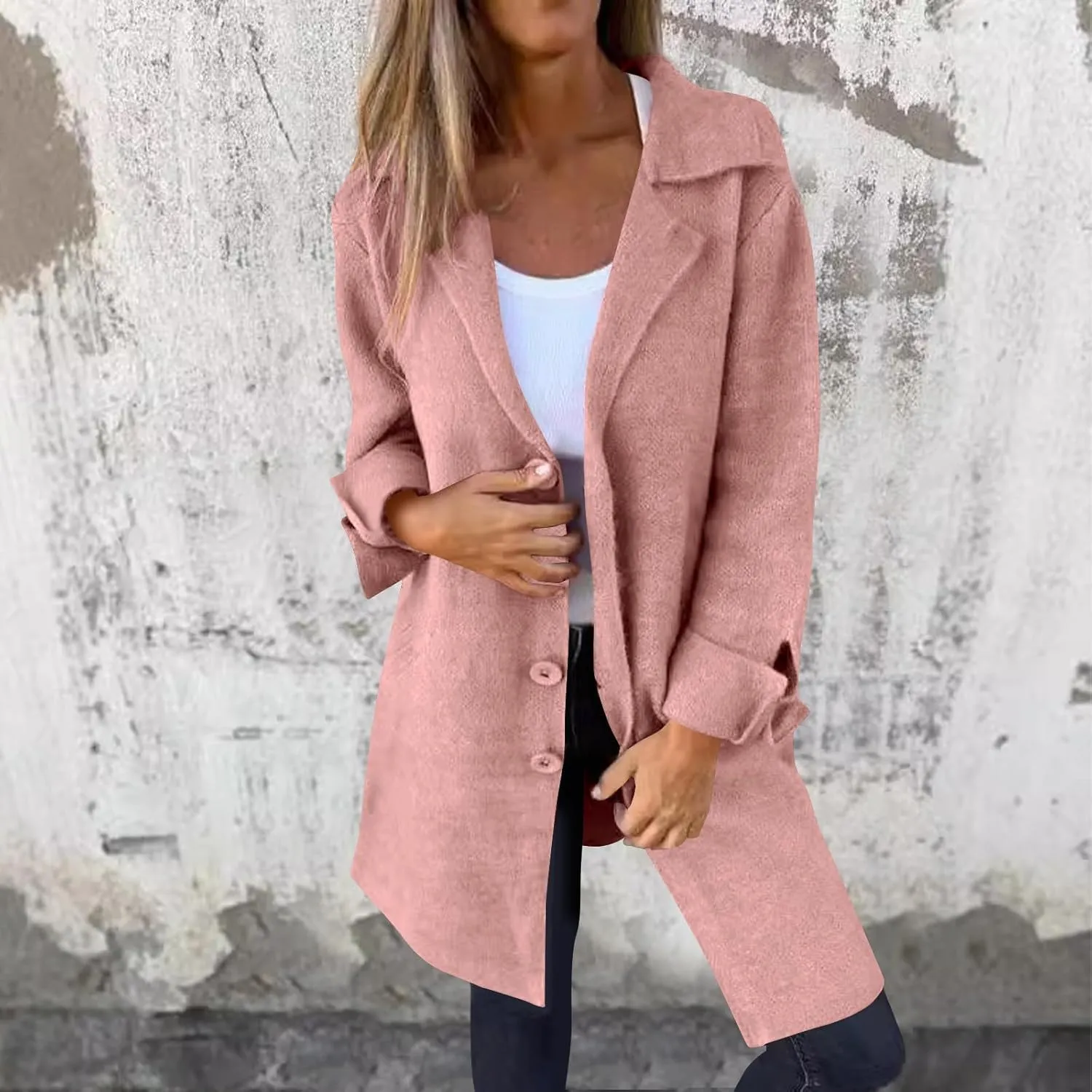 YRAETENM Trench Coat Women Single Breasted Notch Lapel Wool Coats Casual Mid Long Solid Color Jackets Fall Winter Outwear