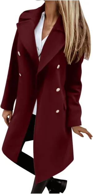 YRAETENM Winter Coats for Women 2024 Notched Lapel Collar Double Breasted Pea Coats Plus Size Mid-Long Wool Trench Coat