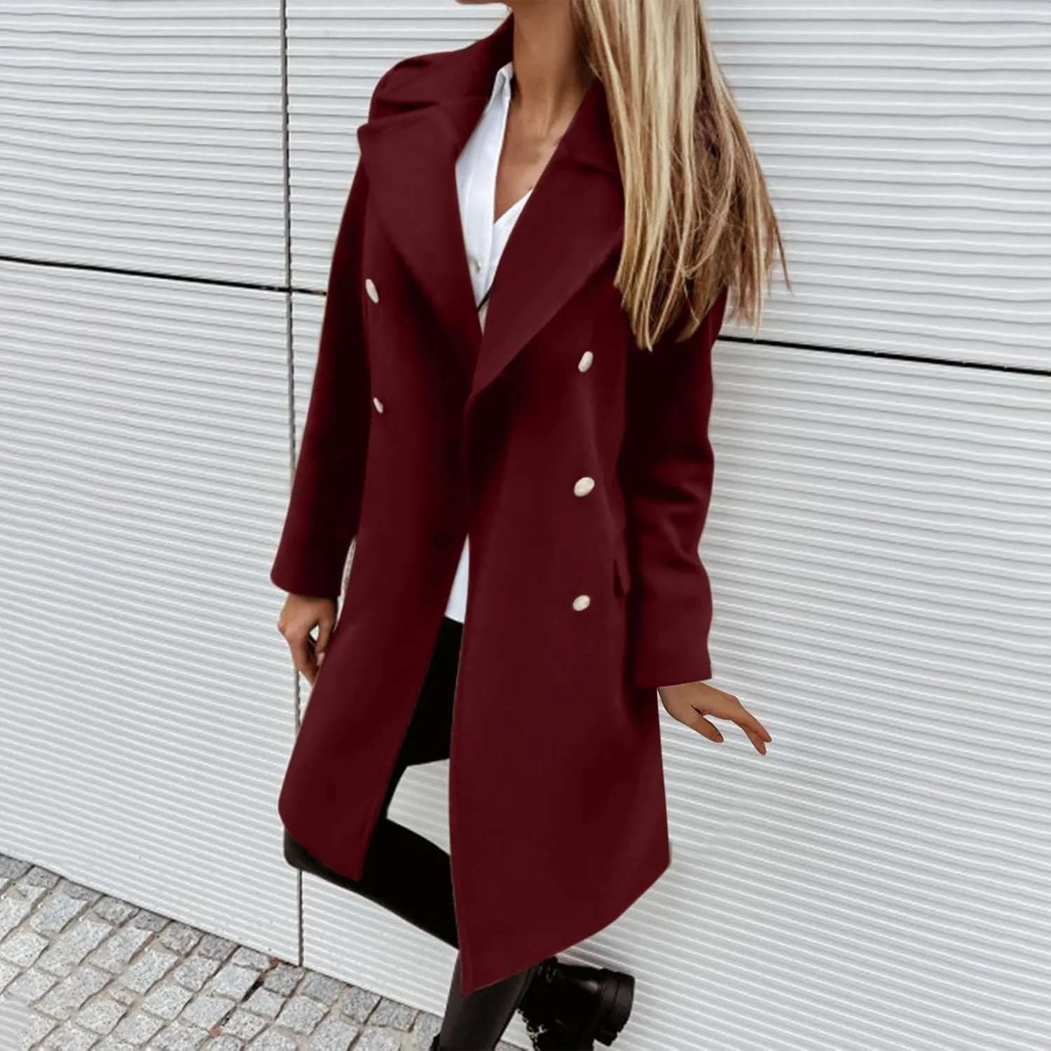 YRAETENM Winter Coats for Women 2024 Notched Lapel Collar Double Breasted Pea Coats Plus Size Mid-Long Wool Trench Coat