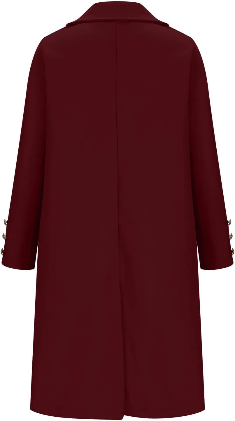YRAETENM Winter Coats for Women 2024 Notched Lapel Collar Double Breasted Pea Coats Plus Size Mid-Long Wool Trench Coat
