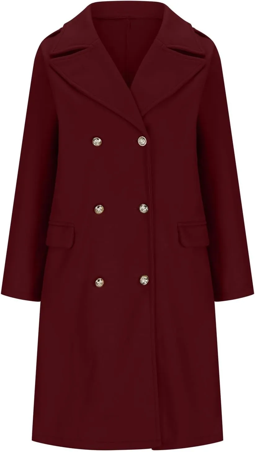 YRAETENM Winter Coats for Women 2024 Notched Lapel Collar Double Breasted Pea Coats Plus Size Mid-Long Wool Trench Coat