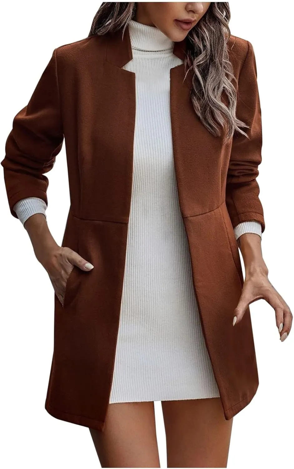 YRAETENM Women Winter Wool Jacket Fall Tailored Open Front Blazer Pea Coat Work Office Woolen Mid Long Cardigan Trench Coat