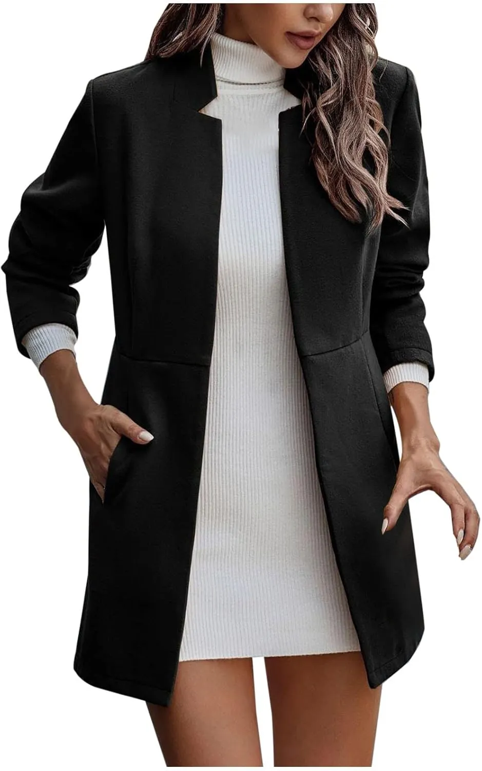 YRAETENM Women Winter Wool Jacket Fall Tailored Open Front Blazer Pea Coat Work Office Woolen Mid Long Cardigan Trench Coat