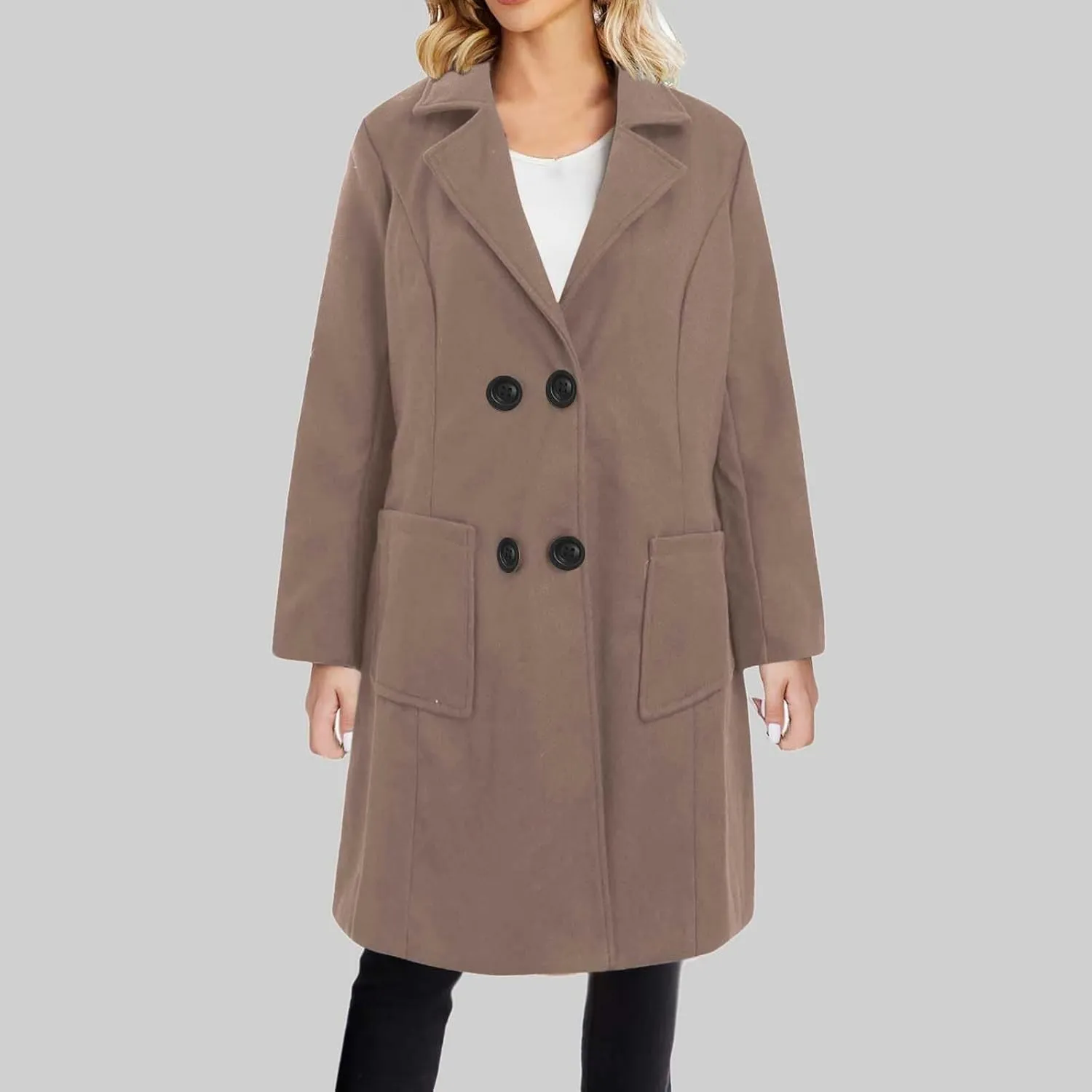 YRAETENM Women's Plus Size Long Winter Coats Notch Lapel Double Breasted Trench Coats Casual Mid Long Pea Coat with Pockets