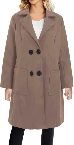 YRAETENM Women's Plus Size Long Winter Coats Notch Lapel Double Breasted Trench Coats Casual Mid Long Pea Coat with Pockets