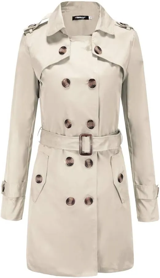 YRAETENM Women's Trench Coat Double Breasted Water Resistant Windbreaker Classic Lapel Overcoat Belted Slim Outerwear Coat