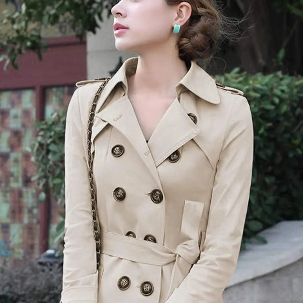 YRAETENM Women's Trench Coat Double Breasted Water Resistant Windbreaker Classic Lapel Overcoat Belted Slim Outerwear Coat