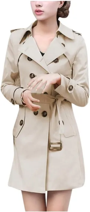YRAETENM Women's Trench Coat Double Breasted Water Resistant Windbreaker Classic Lapel Overcoat Belted Slim Outerwear Coat