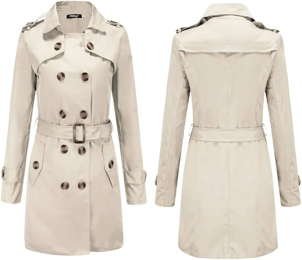 YRAETENM Women's Trench Coat Double Breasted Water Resistant Windbreaker Classic Lapel Overcoat Belted Slim Outerwear Coat
