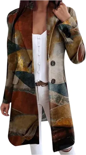 YRAETENM Womens Trench Coat Fashion Printed Single Breasted Lapel Overcoat Casual Mid-Length Long Sleeve Jackets with Pockets