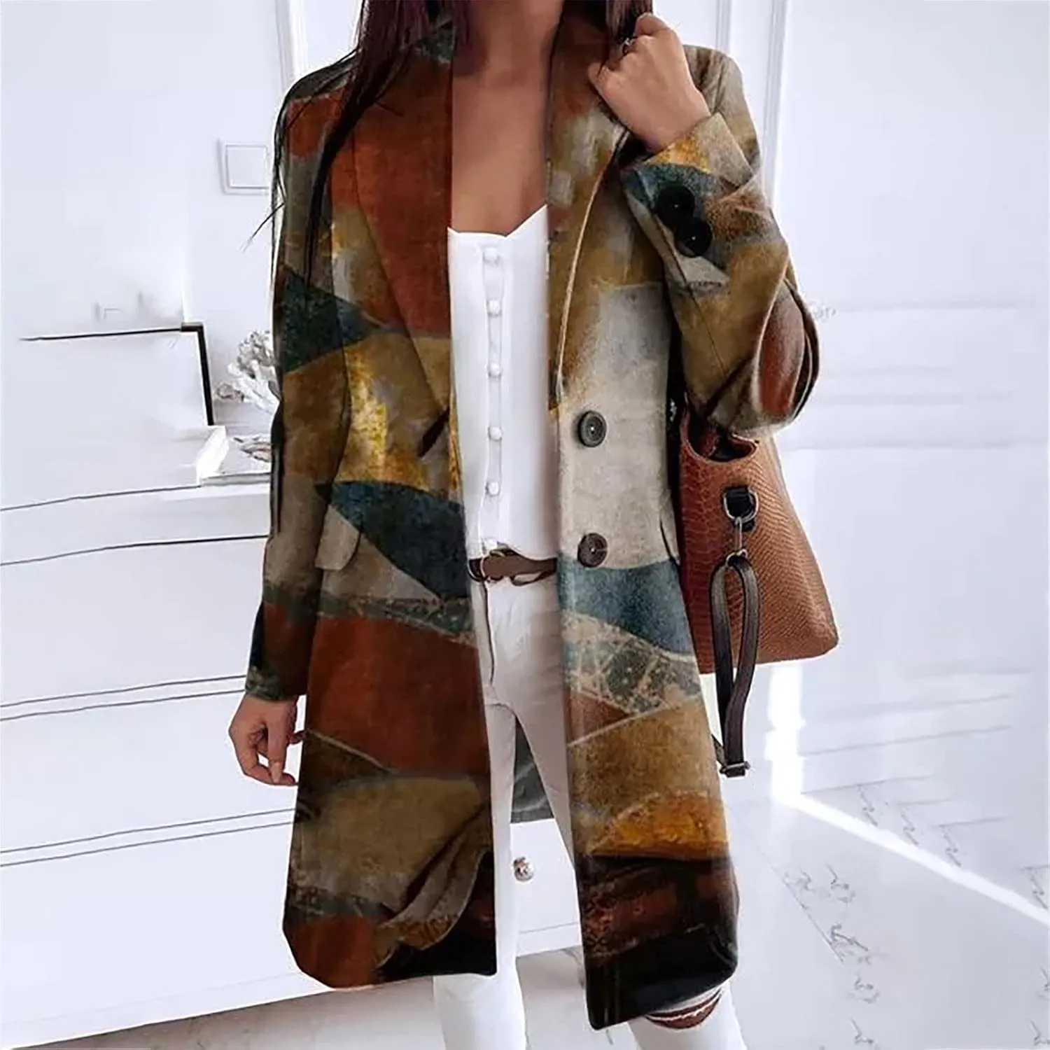 YRAETENM Womens Trench Coat Fashion Printed Single Breasted Lapel Overcoat Casual Mid-Length Long Sleeve Jackets with Pockets