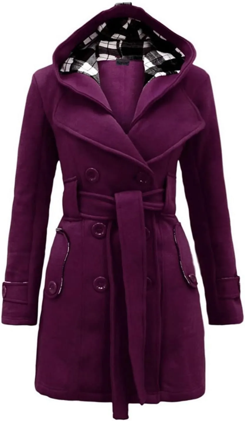 YRAETENM Women's Trench Coats Double Breasted Pea Coat Hooded Long Winter Jacket Warm Windproof Belted Outwear with Pocket