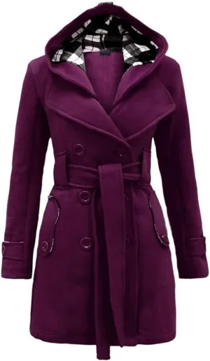 YRAETENM Women's Trench Coats Double Breasted Pea Coat Hooded Long Winter Jacket Warm Windproof Belted Outwear with Pocket