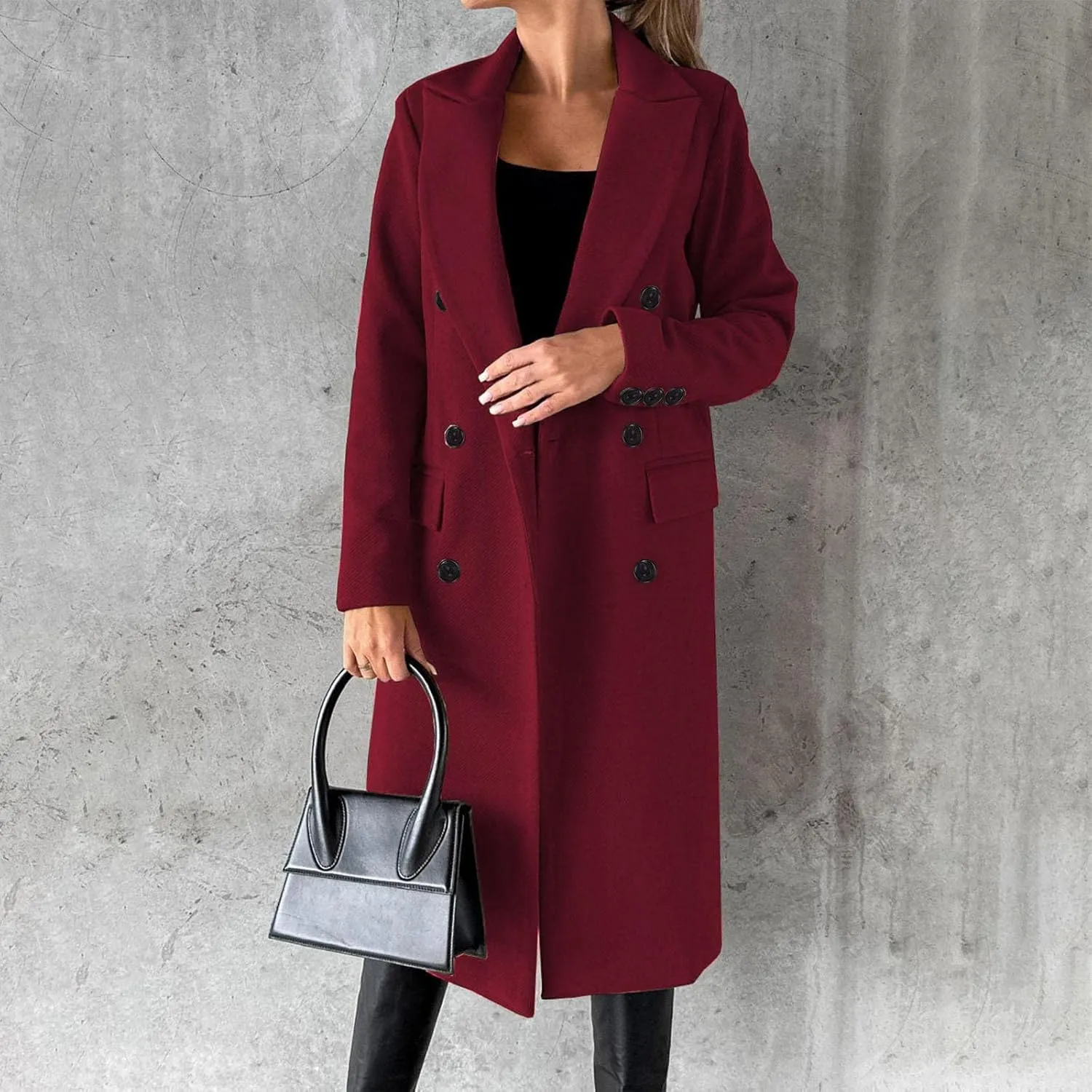 YRAETENM Women's Winter Coat Elegant Double Breasted Mid Long Wool Pea Coat Notched Lapel Trench Coat Overcoat Winter Outwear