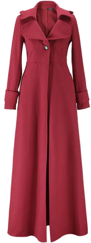 YRAETENM Wool Coats for Women Winter Lapel Slim Fit One Button Trench Coats Classic Maxi Long Pea Coats Outwear with Pockets