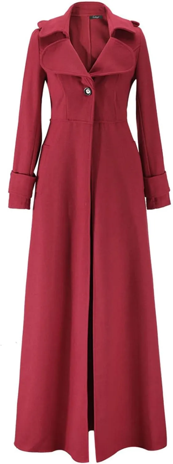 YRAETENM Wool Coats for Women Winter Lapel Slim Fit One Button Trench Coats Classic Maxi Long Pea Coats Outwear with Pockets