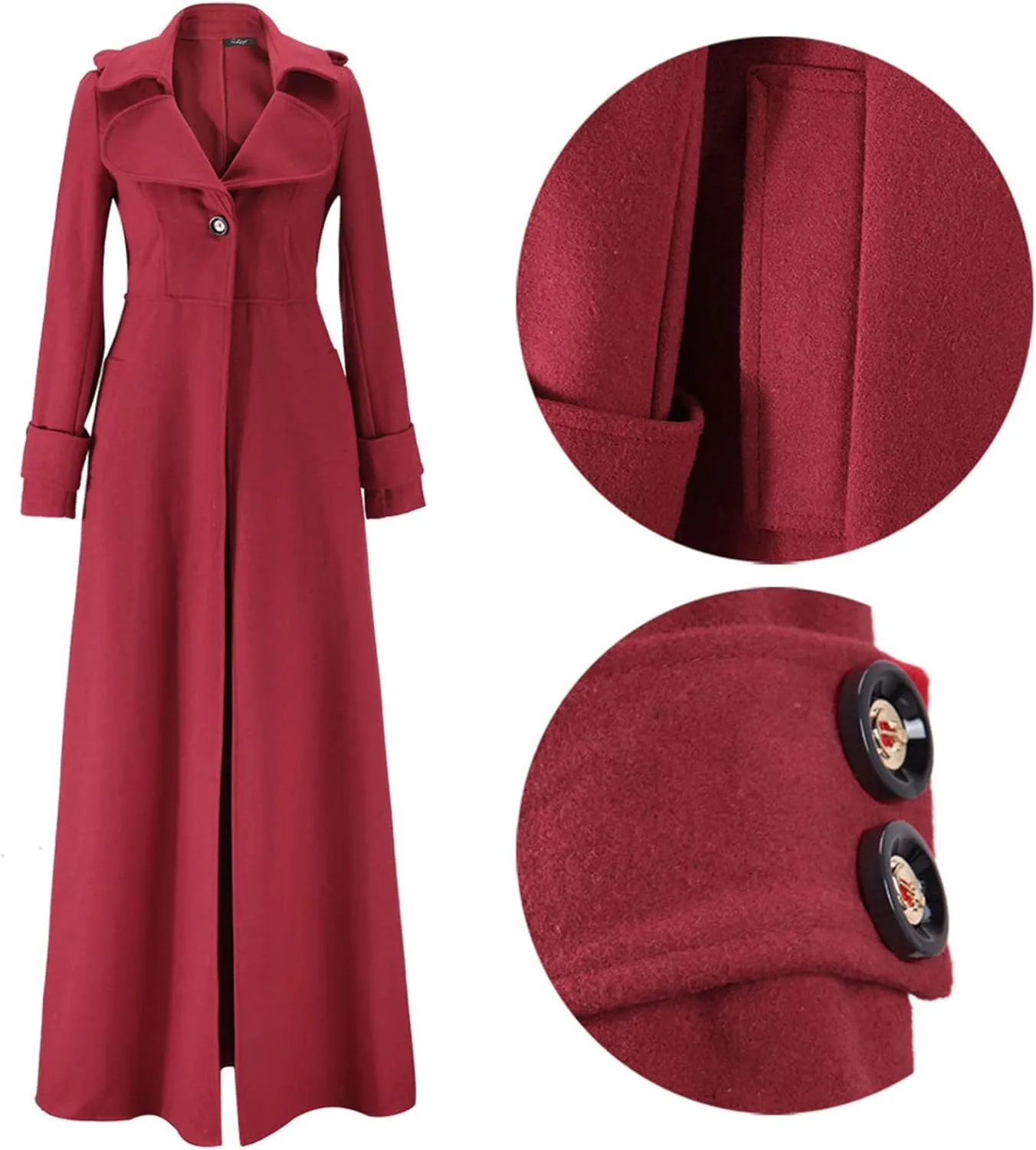 YRAETENM Wool Coats for Women Winter Lapel Slim Fit One Button Trench Coats Classic Maxi Long Pea Coats Outwear with Pockets