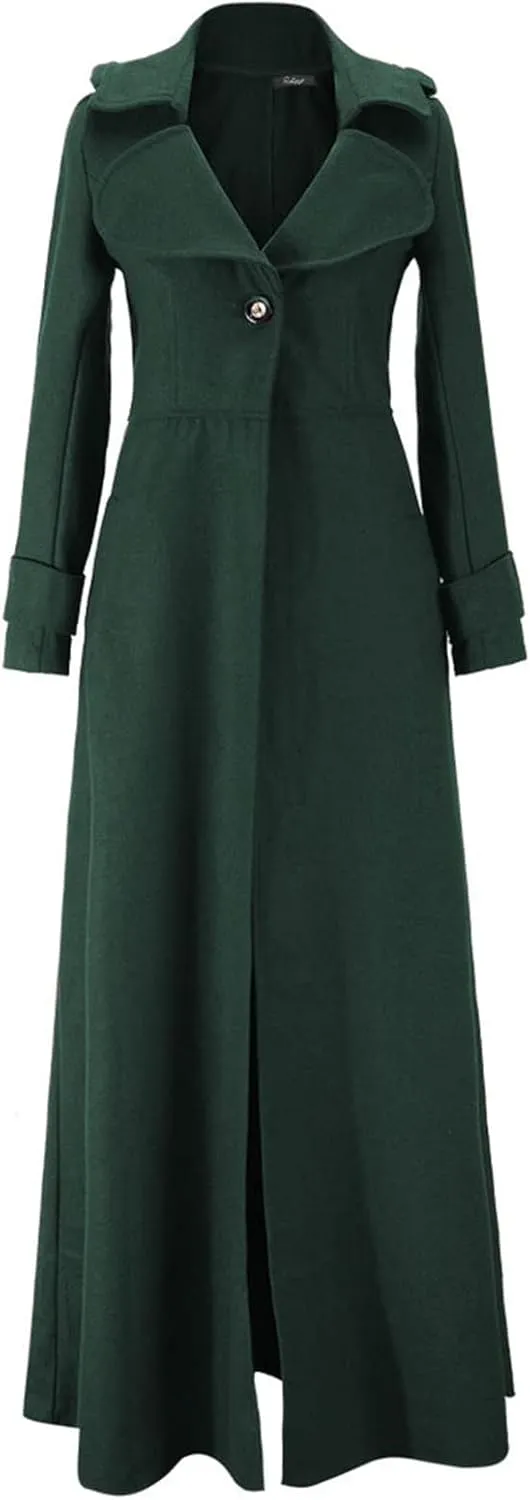 YRAETENM Wool Coats for Women Winter Lapel Slim Fit One Button Trench Coats Classic Maxi Long Pea Coats Outwear with Pockets