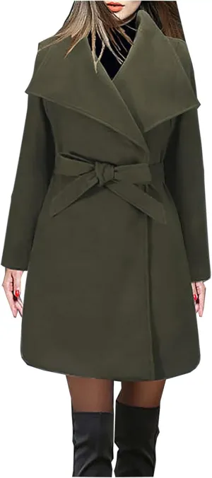 YRAETENM Wool Trench Coat Women Fall Winter Notch Lapel Overcoat Casual Elegant Lightweight Peacoat Wrap Coat with Tie Belt