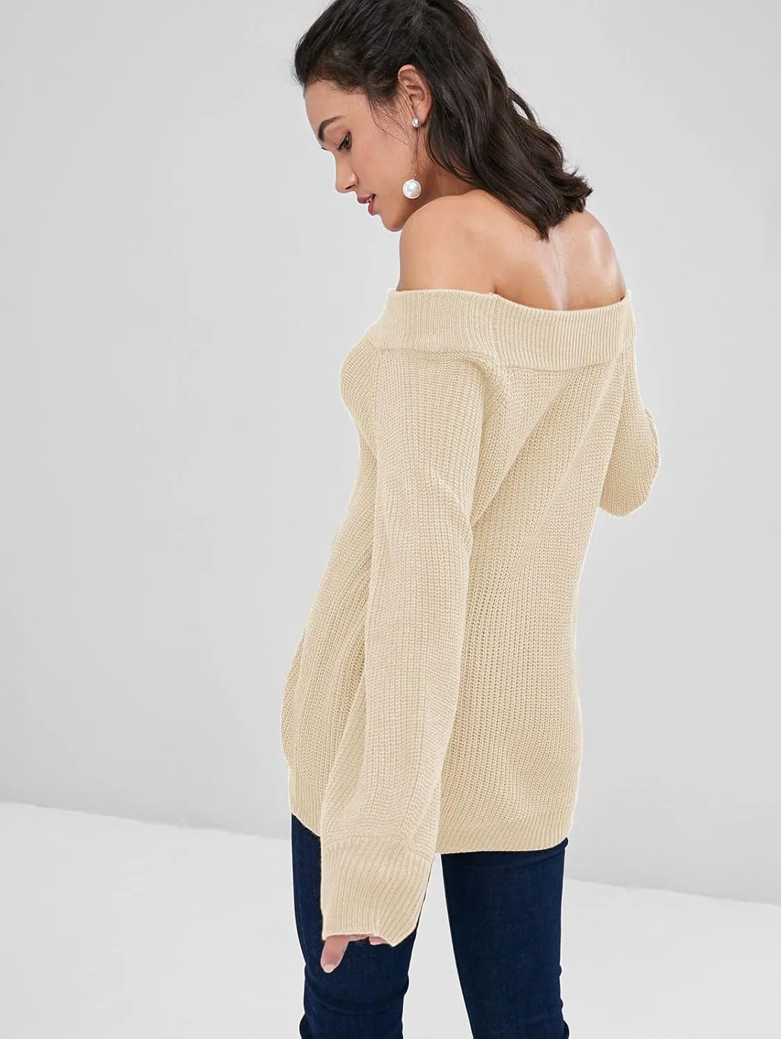 ZAFUL Women Off Shoulder Sweater Long Sleeve Knit Sweater Loose Pullover Jumper Tops