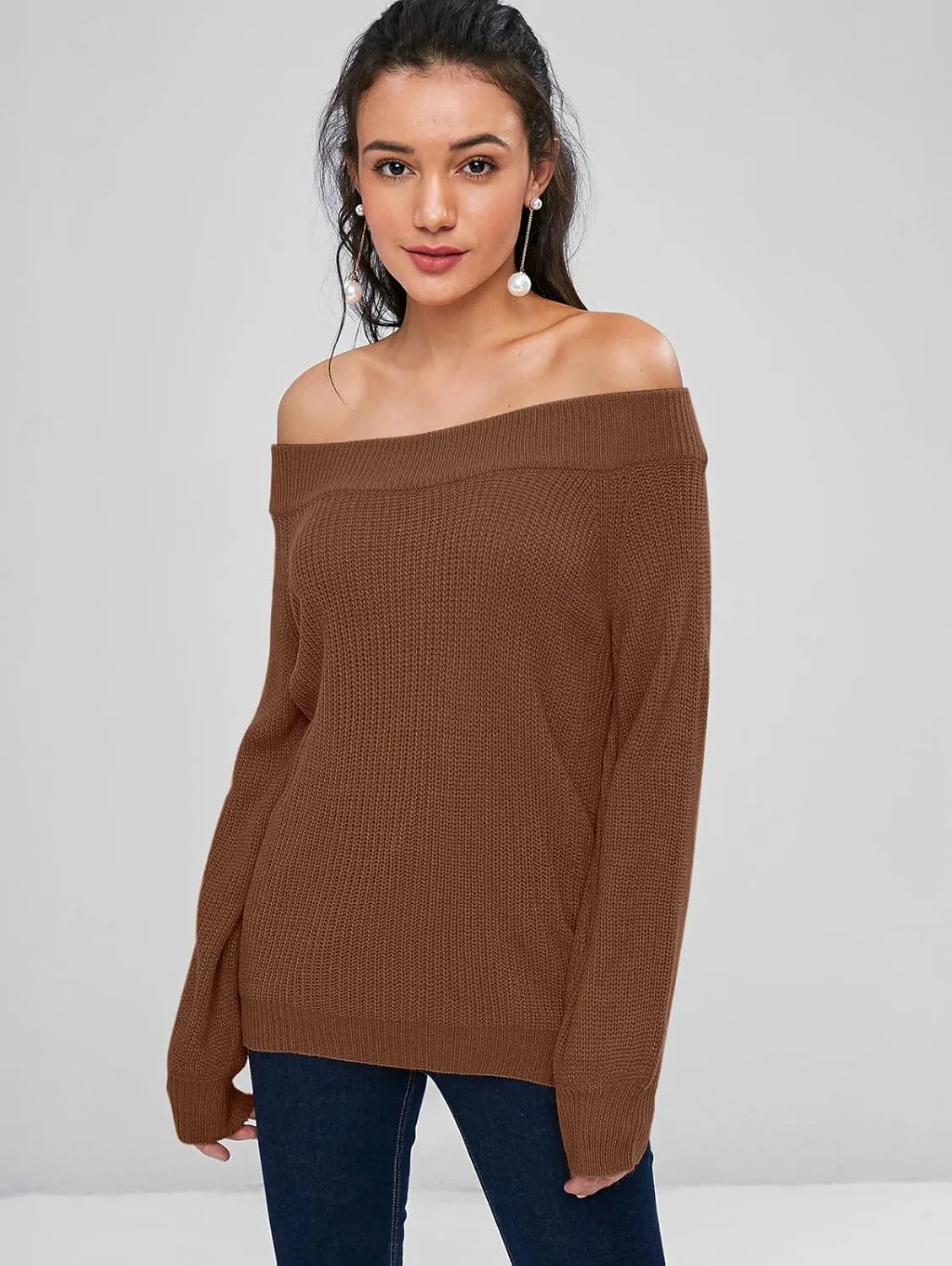 ZAFUL Women Off Shoulder Sweater Long Sleeve Knit Sweater Loose Pullover Jumper Tops
