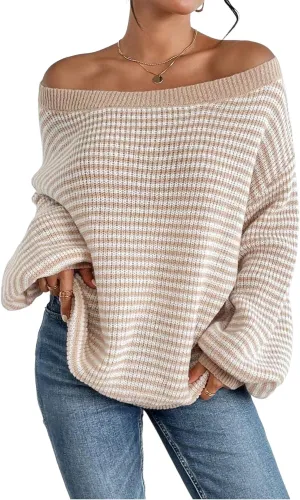ZAFUL Women Off Shoulder Sweater Long Sleeve Knit Sweater Loose Pullover Jumper Tops