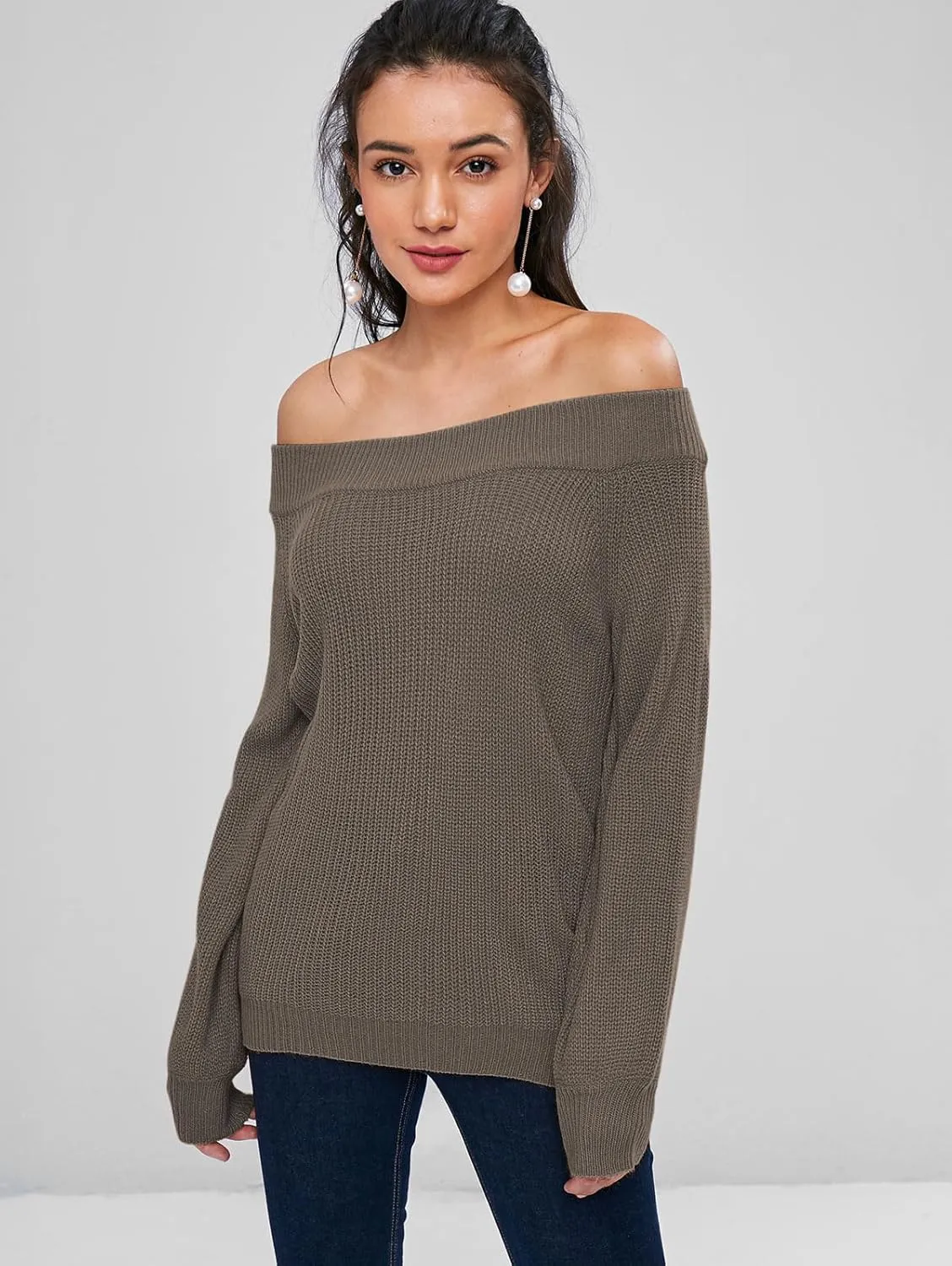 ZAFUL Women Off Shoulder Sweater Long Sleeve Knit Sweater Loose Pullover Jumper Tops