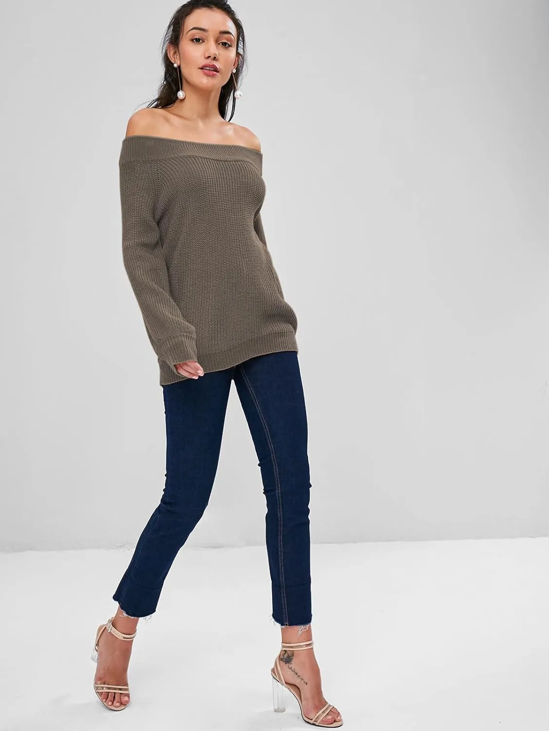 ZAFUL Women Off Shoulder Sweater Long Sleeve Knit Sweater Loose Pullover Jumper Tops