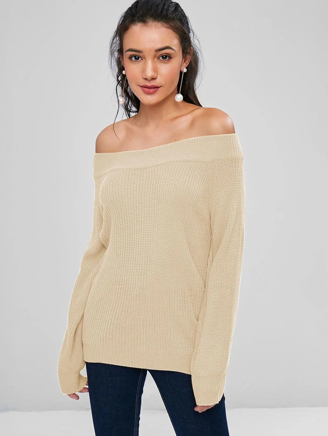 ZAFUL Women Off Shoulder Sweater Long Sleeve Knit Sweater Loose Pullover Jumper Tops