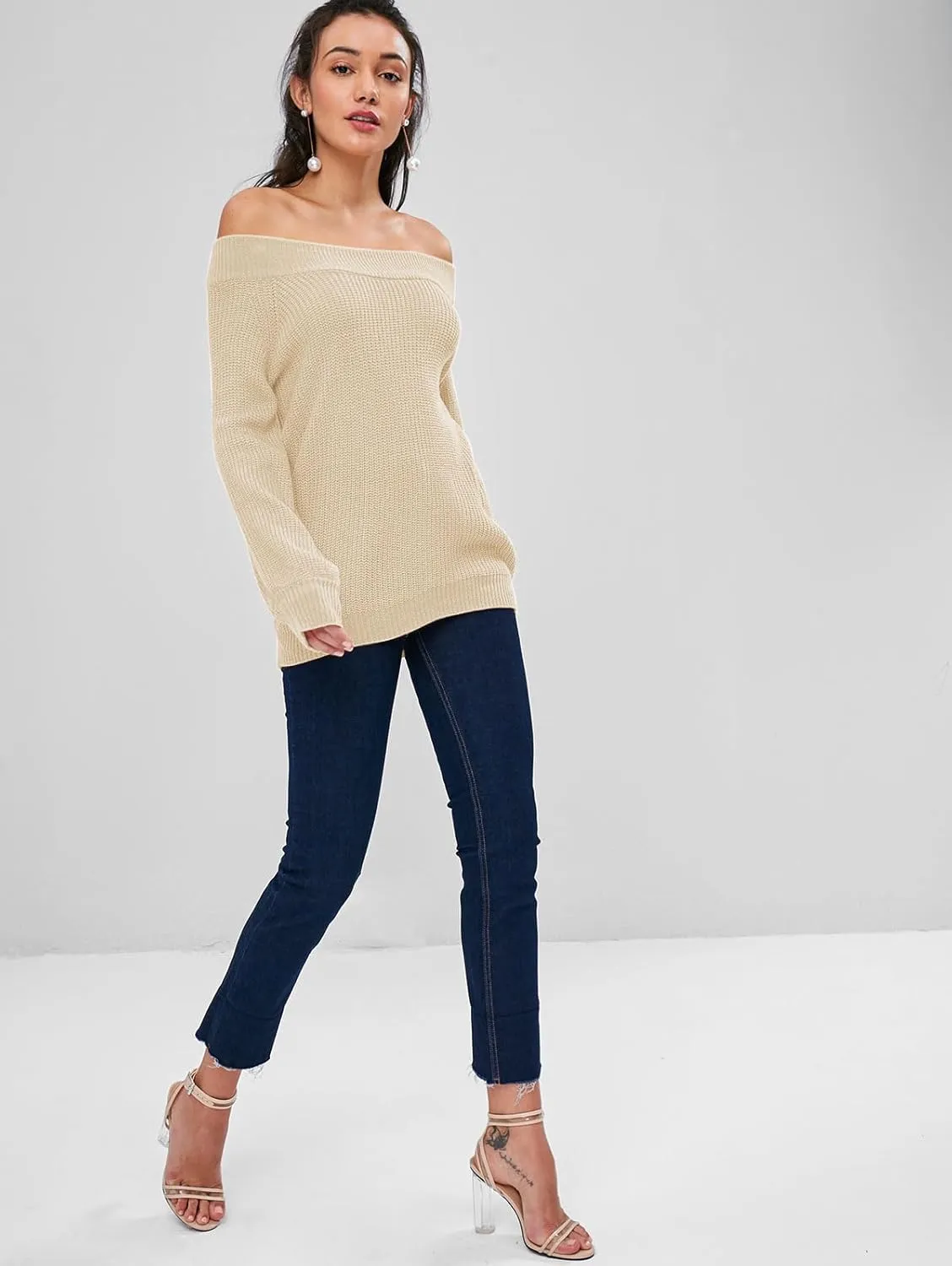 ZAFUL Women Off Shoulder Sweater Long Sleeve Knit Sweater Loose Pullover Jumper Tops