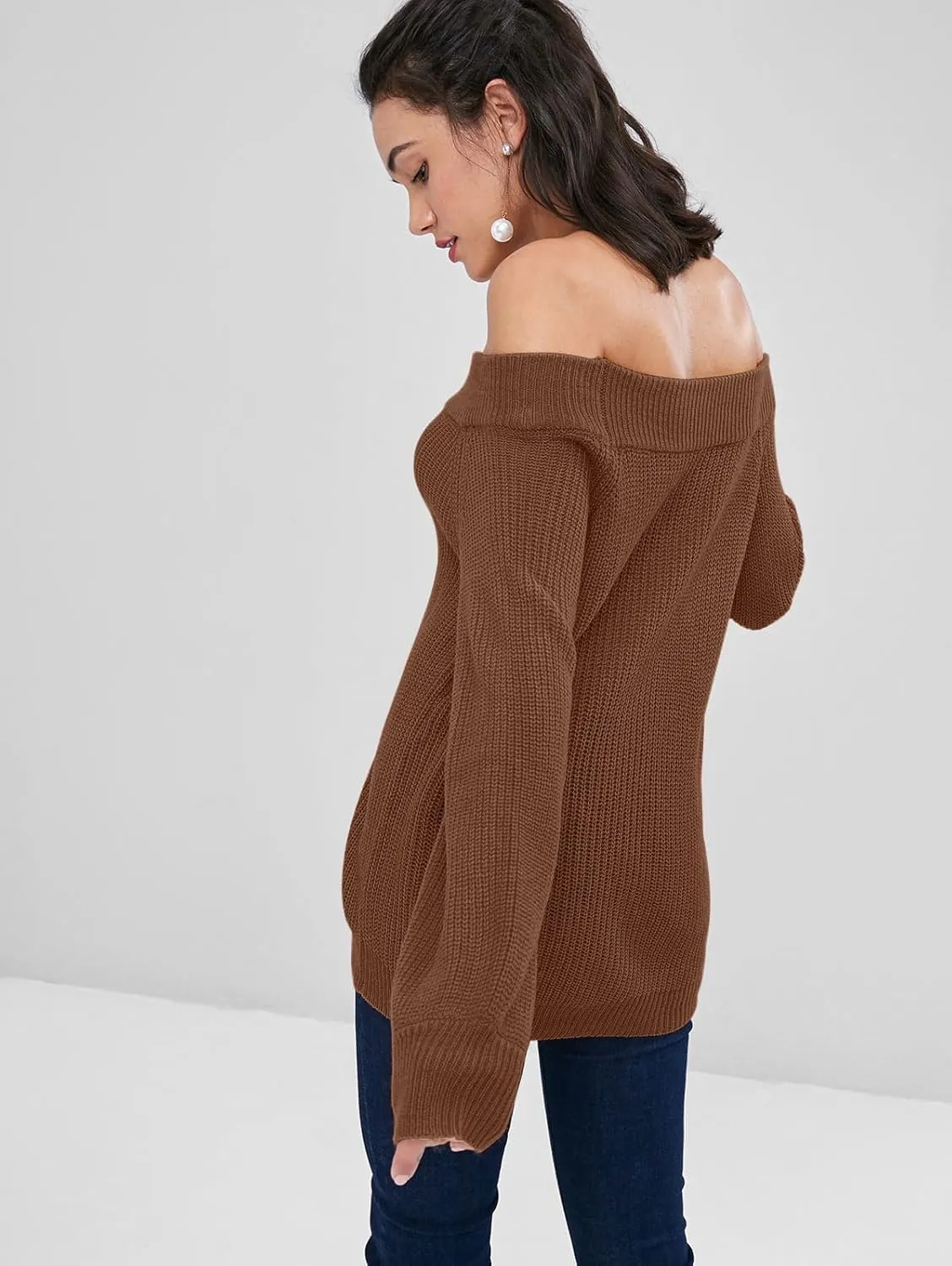 ZAFUL Women Off Shoulder Sweater Long Sleeve Knit Sweater Loose Pullover Jumper Tops