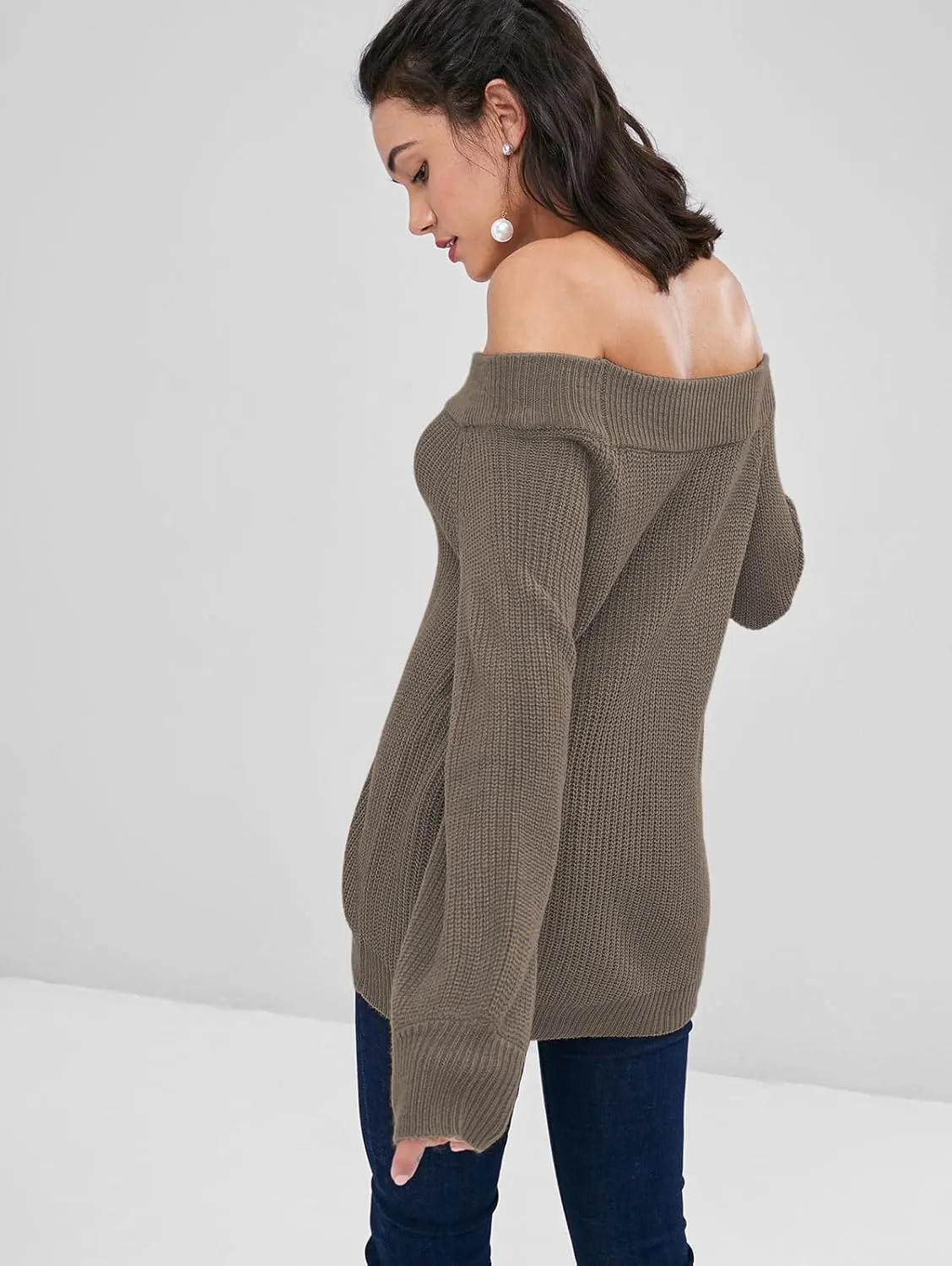 ZAFUL Women Off Shoulder Sweater Long Sleeve Knit Sweater Loose Pullover Jumper Tops