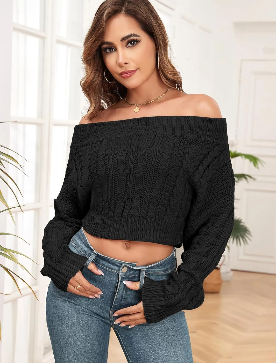 ZAFUL Women V Neck Button Knit Crop Sweaters Batwing Sleeve V Back Ribbed Hem Pullover Sweater