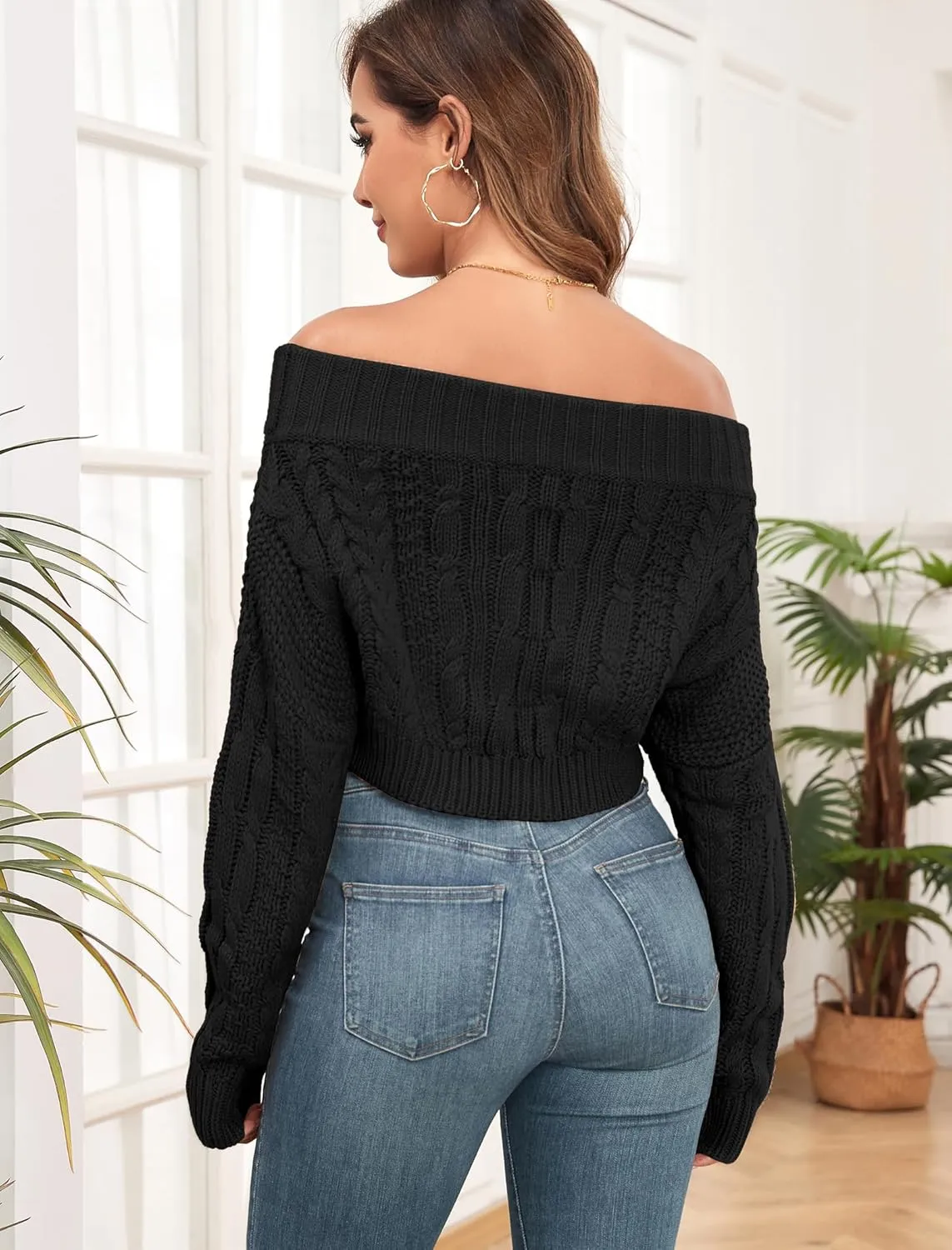 ZAFUL Women V Neck Button Knit Crop Sweaters Batwing Sleeve V Back Ribbed Hem Pullover Sweater